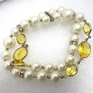 Vintage Napier Double Strand Bracelet Faux Pearl Yellow Crystal Gold Tone 6.5"
